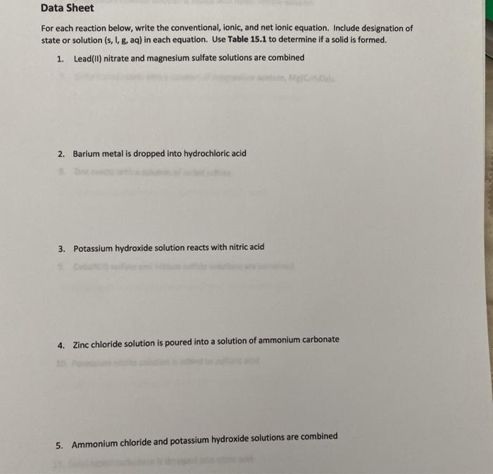 Solved Data Sheet For each reaction below, write the | Chegg.com