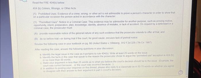 Solved Read the FrE 404(0) below 404 (b) Crimes Wrongs or Chegg com