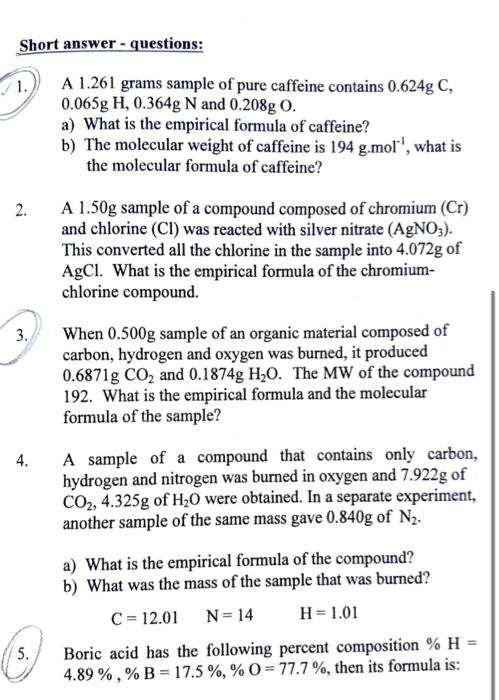 Solved Short answer - questions: 1. A 1.261 grams sample of | Chegg.com