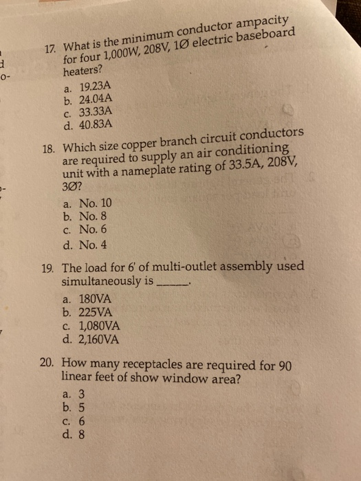 Solved 17. What is the minimum conductor ampacity for four