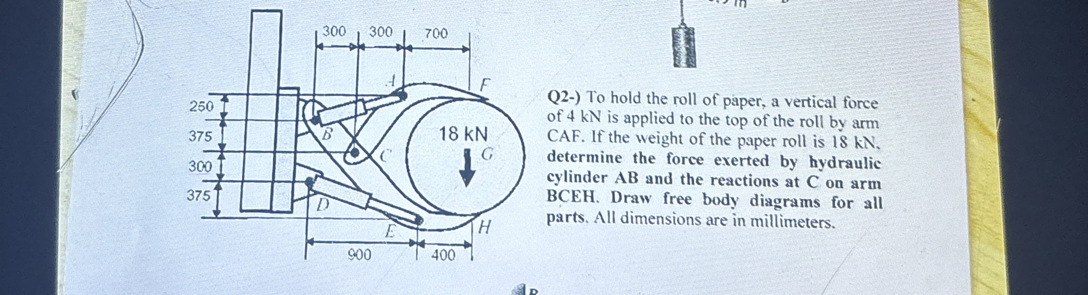 Solved Q2-) ﻿To hold the roll of paper, a vertical force of | Chegg.com
