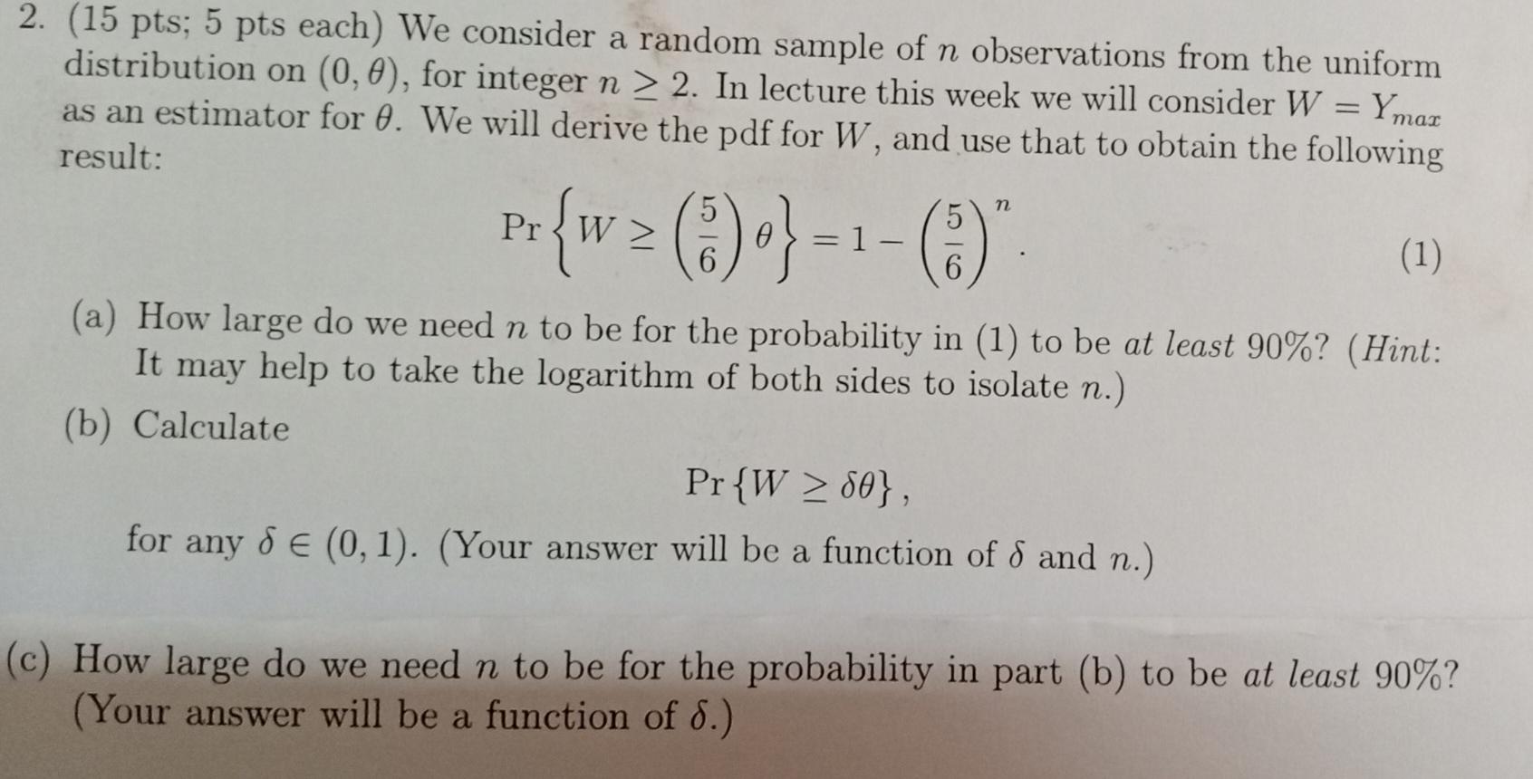 Solved 2. (15 pts; 5 pts each) We consider a random sample | Chegg.com