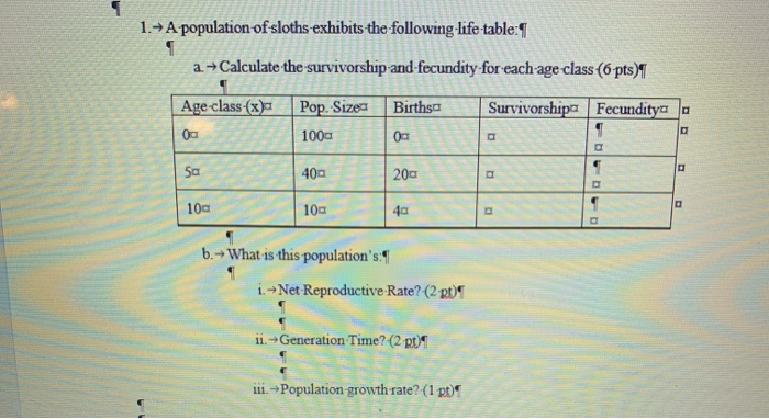 Solved 1.- A population of sloths exhibits the following | Chegg.com