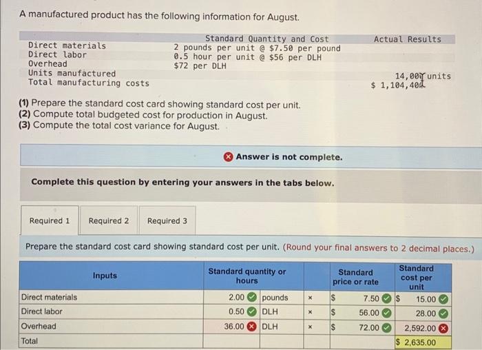 Solved A manufactured product has the following information