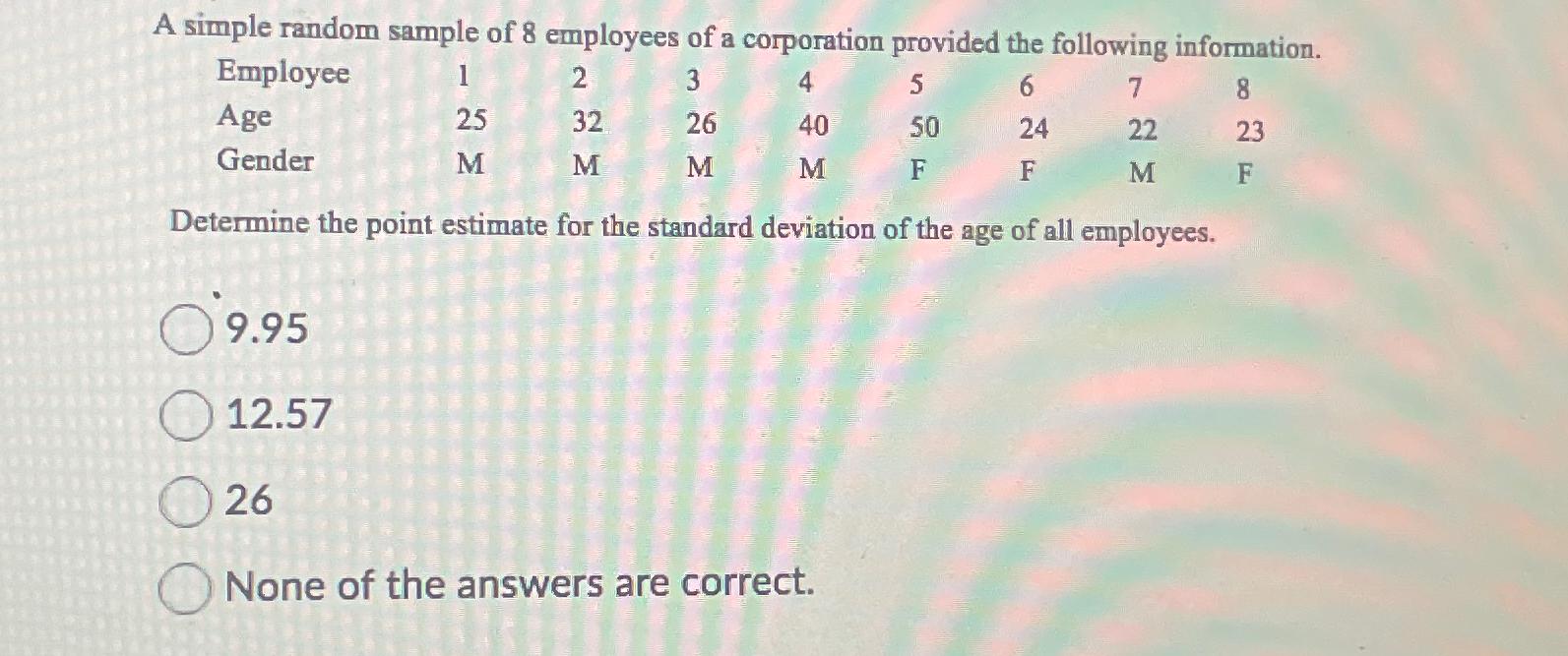 Solved A simple random sample of 8 ﻿employees of a | Chegg.com