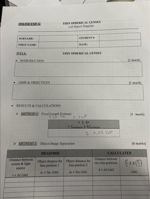 Solved ONLINE EXP. 6 THIN SPHERICAL LENSES Lab Report