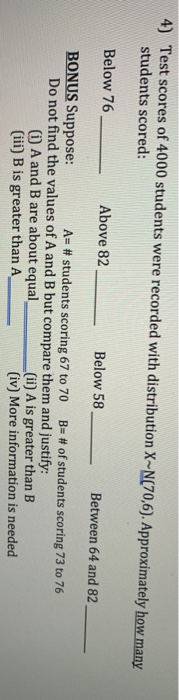 Solved 4) Test scores of 4000 students were recorded with | Chegg.com