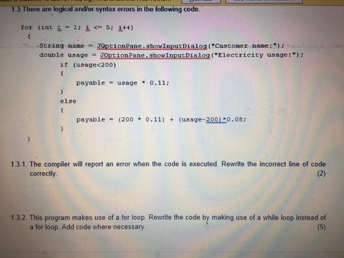 Solved 1.3 There are logical and/or syntax errors in the | Chegg.com