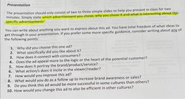 Solved Presentation The presentation should only consist of | Chegg.com