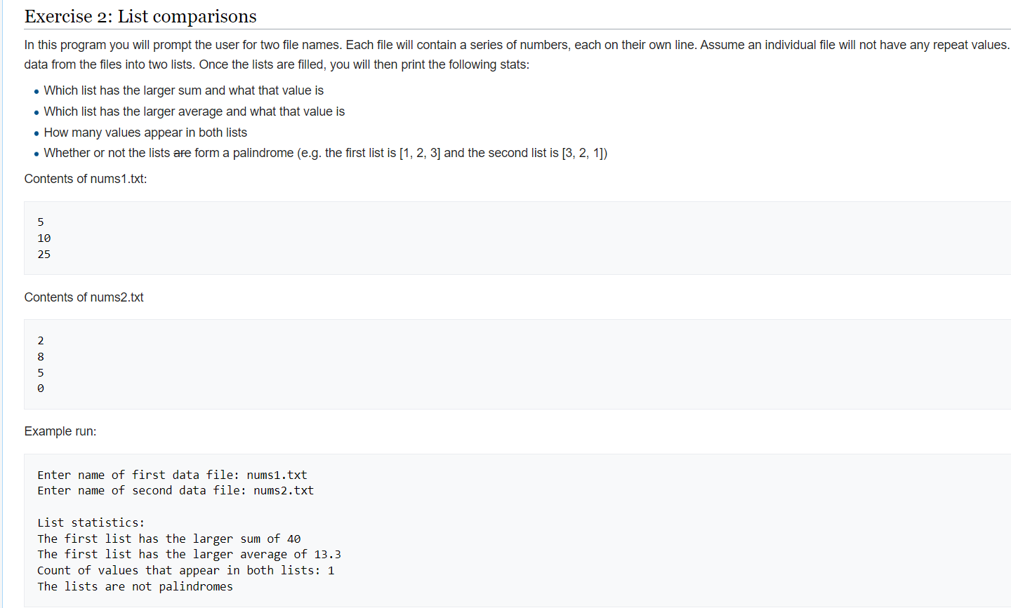 Solved Exercise 2: List comparisons In this program you will | Chegg.com