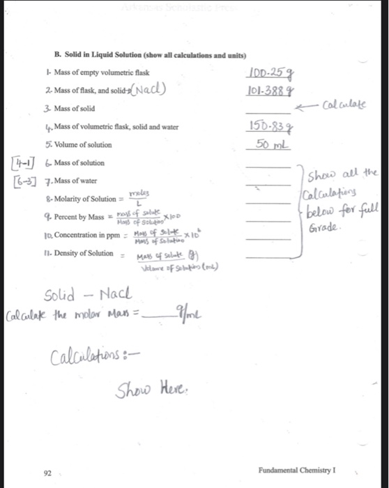 Solved B. Solid In Liquid Solution (show All Calculations | Chegg.com