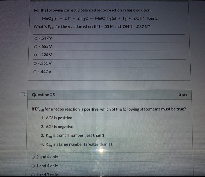 For The Following Correctly Balanced Redox Reaction Chegg 