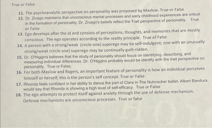 Solved True or False 11. The psychoanalytic perspective on | Chegg.com