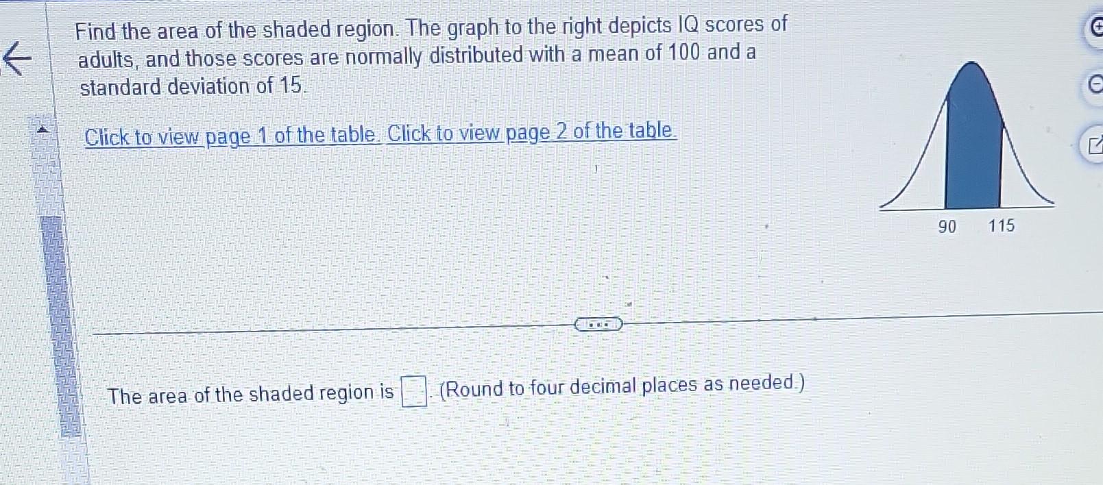 Find the area of the shaded region. The graph to the right depicts IQ scores of adults, and those scores are normally distrib