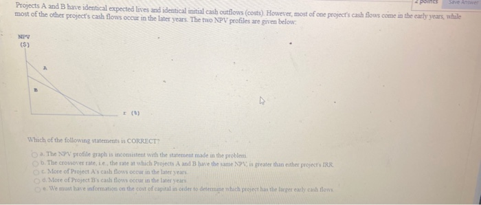 Solved 2 points Save Answer Projects A and B have identical | Chegg.com