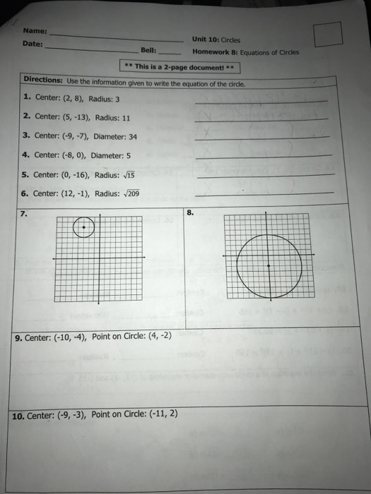 Unit 10 Homework 10 Equations Of Circles Questions 11-12 - South Pasadena High School