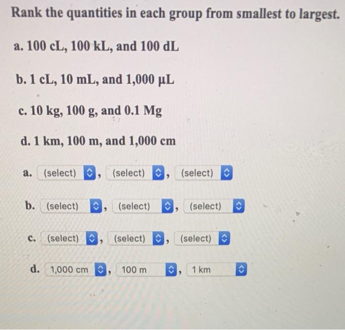 Solved Rank The Quantities In Each Group From Smallest To Chegg Com