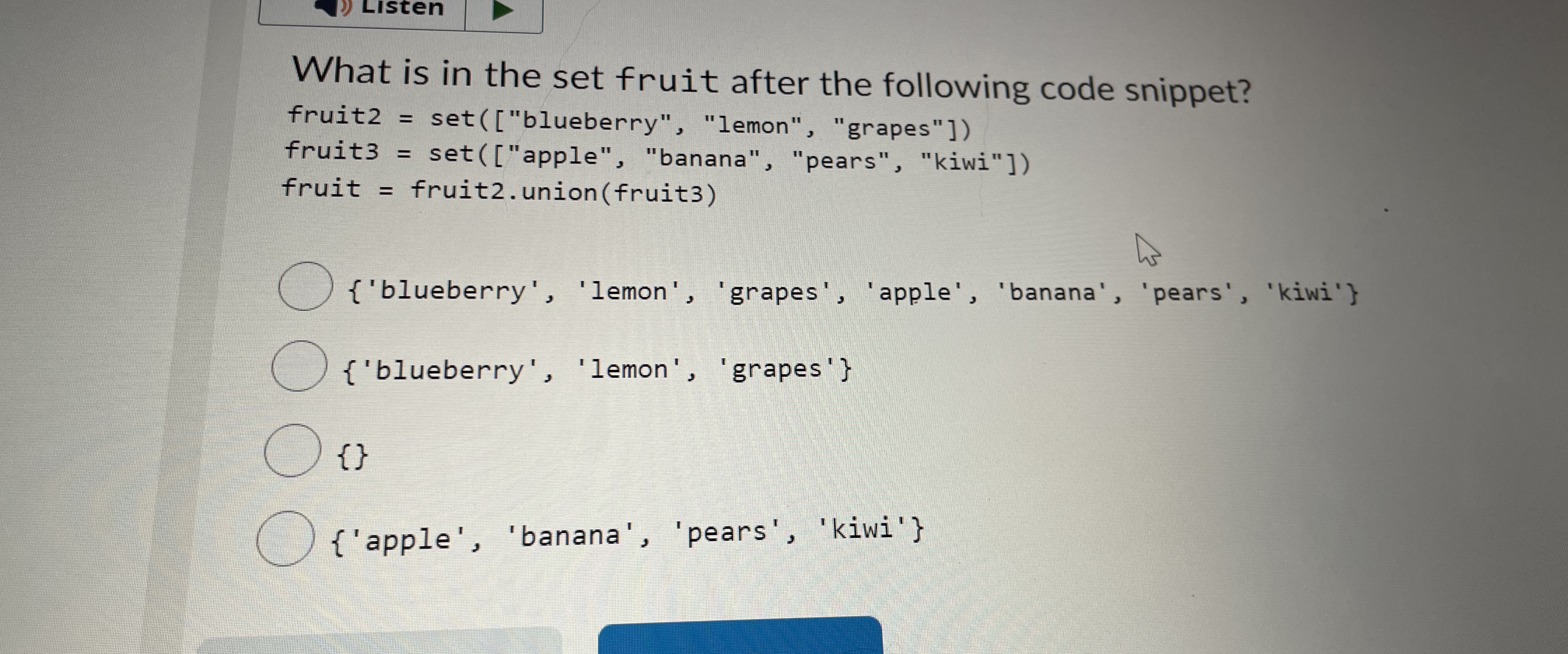 Solved What is in the set fruit after the following code | Chegg.com