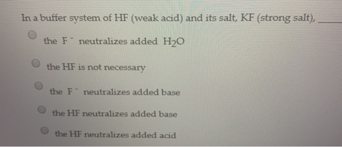 Solved In a buffer system of HF (weak acid) and its salt, KF | Chegg.com
