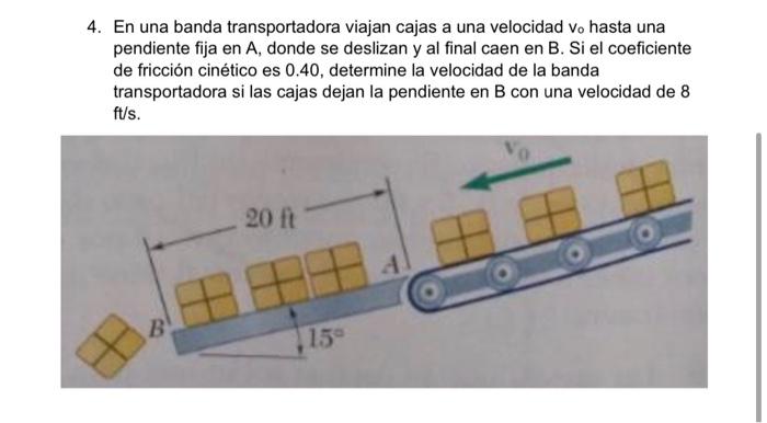 4. En una banda transportadora viajan cajas a una velocidad vo hasta una pendiente fija en A, donde se deslizan y al final ca