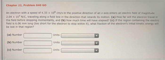 Solved Chapter 22, Problem 040 GO An electron with a speed | Chegg.com