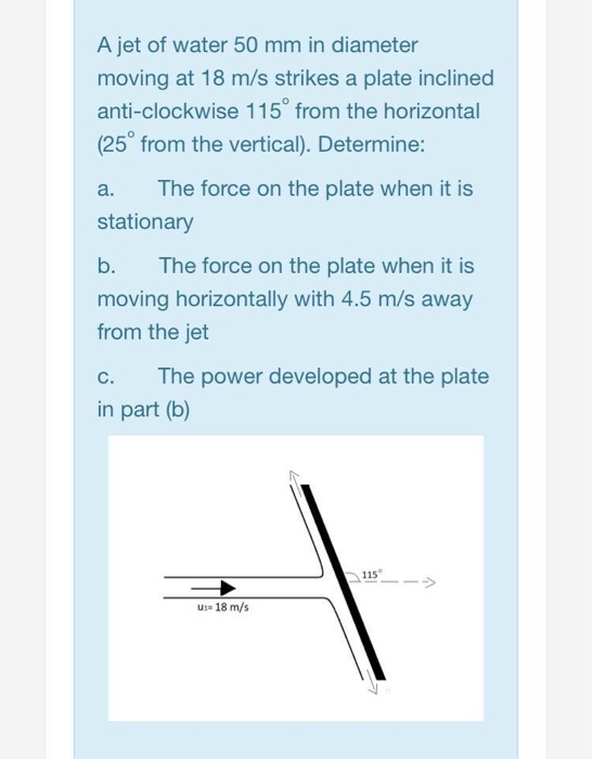 Solved A jet of water 50 mm in diameter moving at 18 m/s | Chegg.com