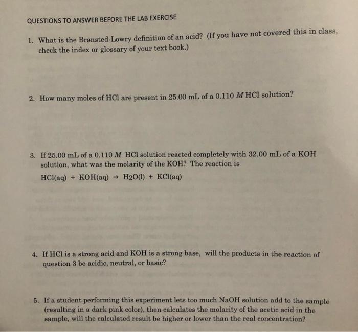 Solved Questions To Answer Before The Lab Exercise What Chegg Com