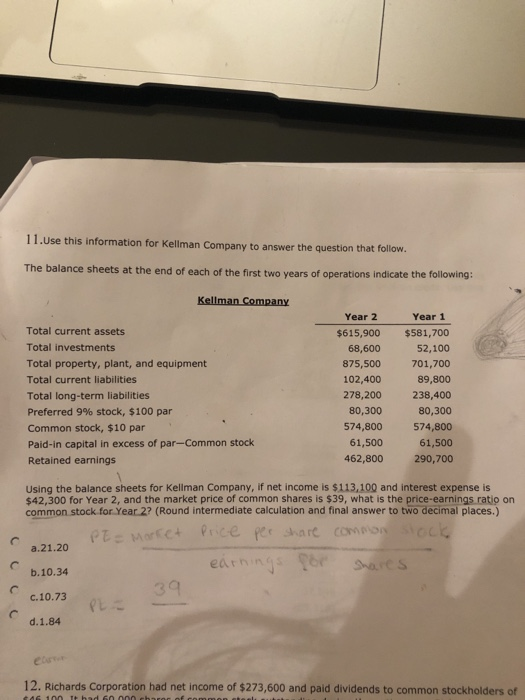 Solved 11.Use this information for Kellman Company to answer