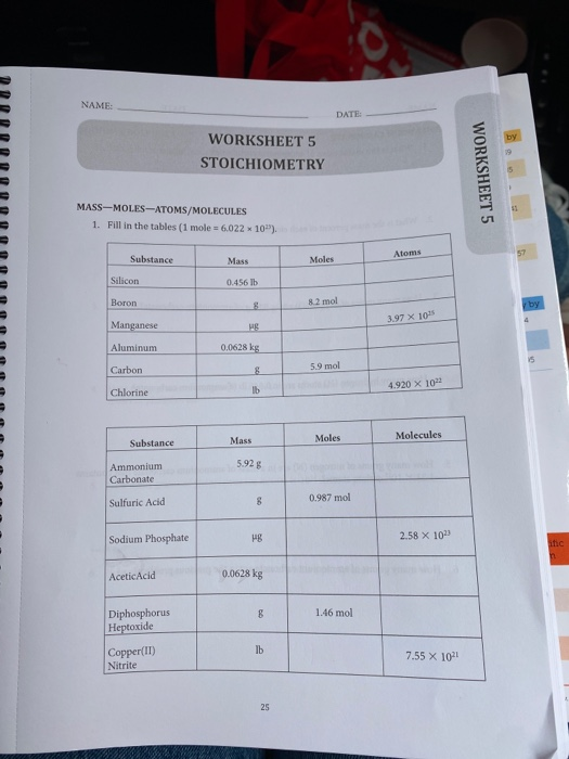 Solved NAME: DATE: WORKSHEET 5 STOICHIOMETRY WORKSHEET 5 | Chegg.com