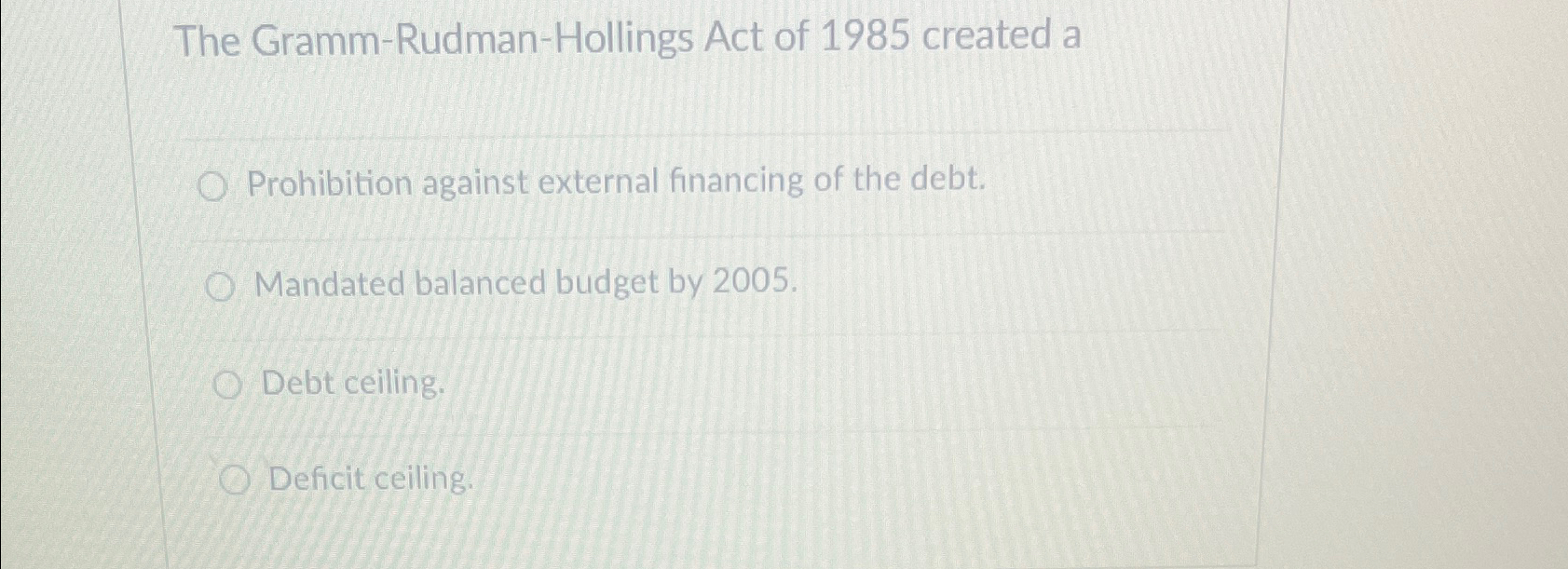 Solved The GrammRudmanHollings Act of 1985 ﻿created