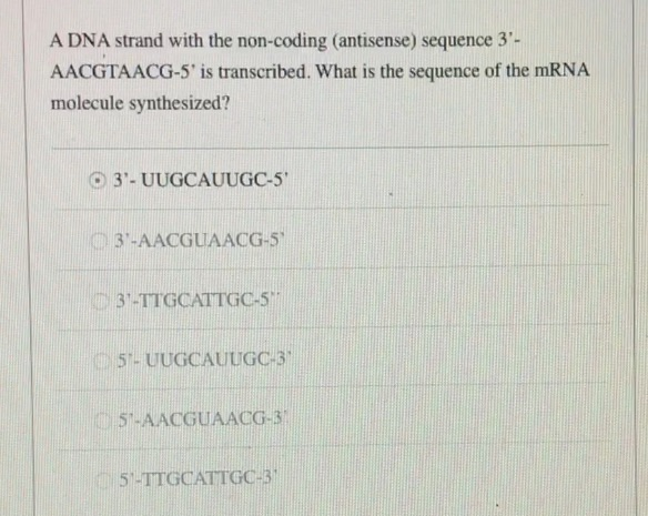 Solved A DNA strand with the non-coding (antisense) sequence | Chegg.com