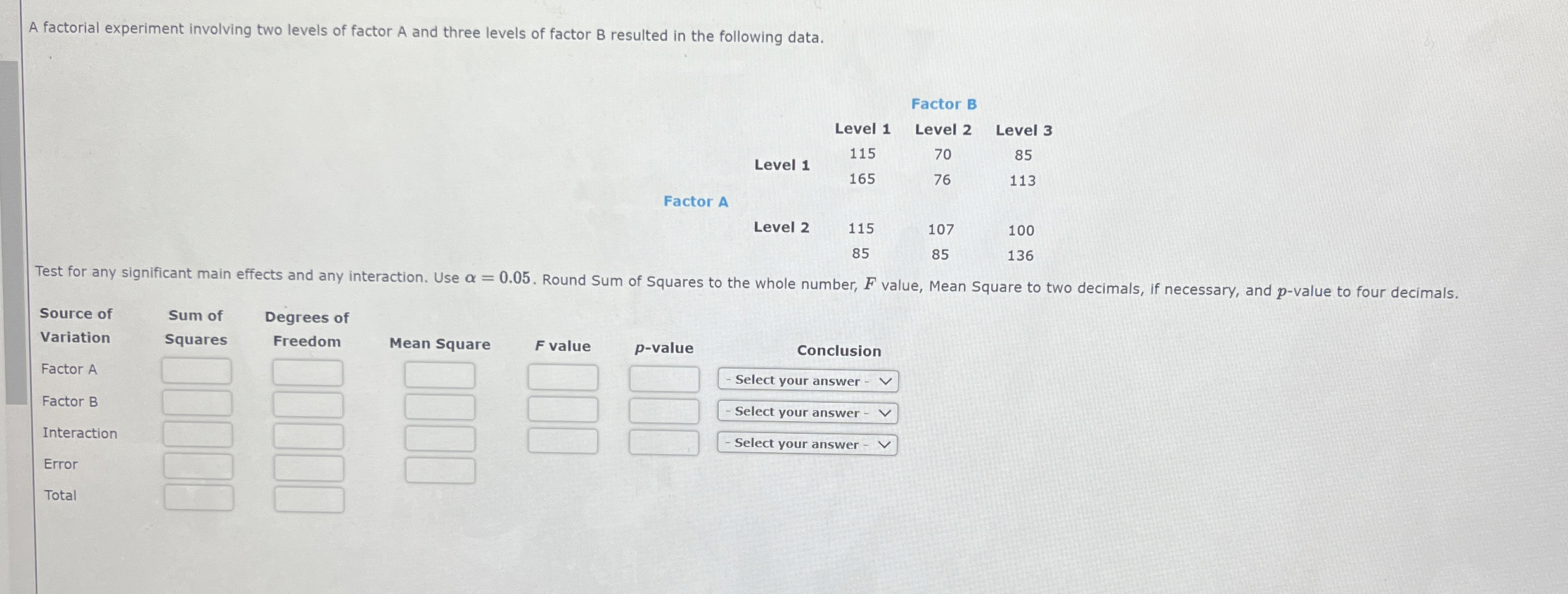 Solved A factorial experiment involving two levels of factor | Chegg.com