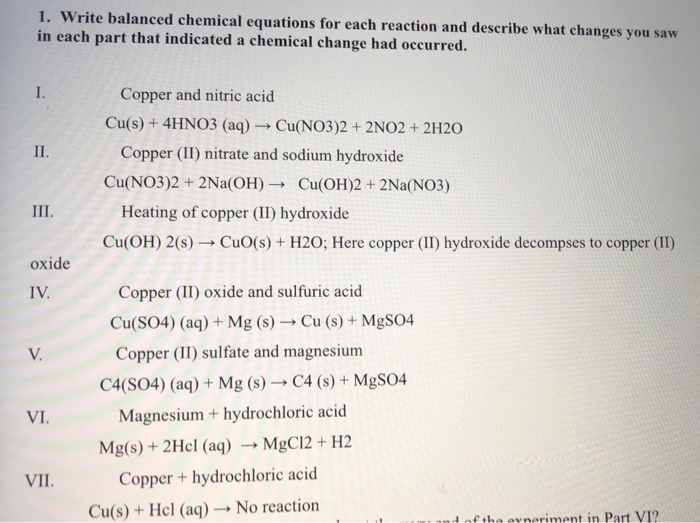Solved 1. Write balanced chemical equations for each | Chegg.com