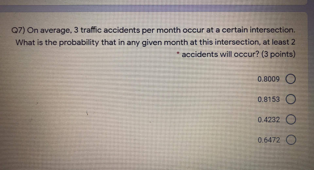 Solved Q7 On Average 3 Traffic Accidents Per Month Occur 1035