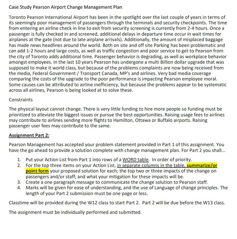 Solved Case Study Pearson Airport Change Management Plan | Chegg.com