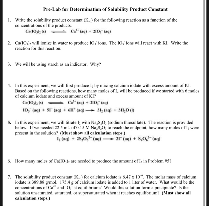 Solved PreLab for Determination of Solubility Product
