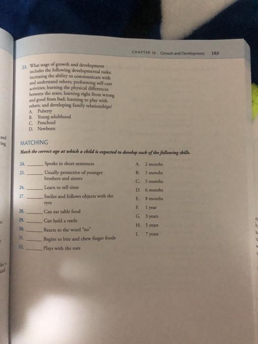 CHAPTER 15 Crowth and Development 103 23. What stage of growth and development includes the following developmental tasks Inc