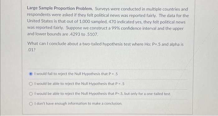 Solved Large Sample Proportion Problem. Surveys were | Chegg.com
