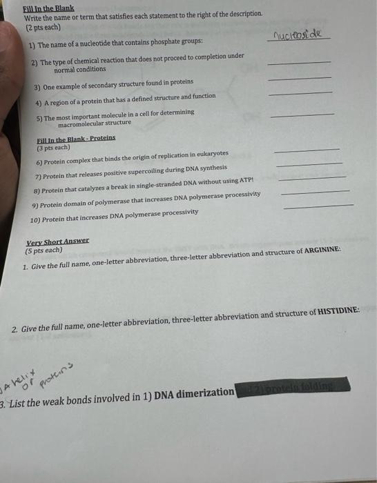 Solved Billin the BlankProteins (3 pts each) 6) Protein