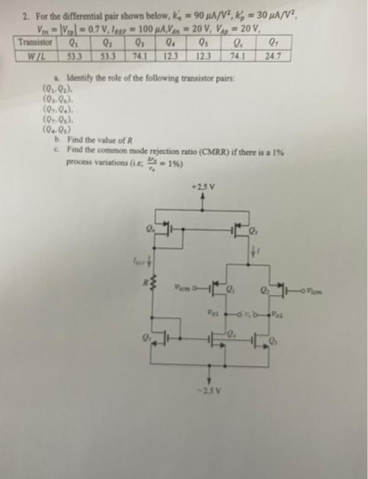 Solved 2. For the differential pair shown below, ( | Chegg.com