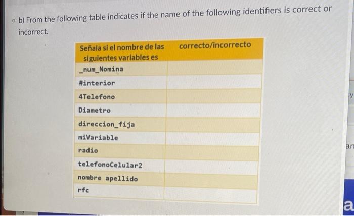 b) From the following table indicates if the name of the following identifiers is correct or incorrect.