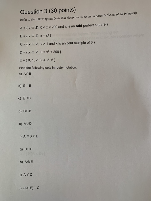 Solved Question 3 (30 points) Refer to the following sets | Chegg.com