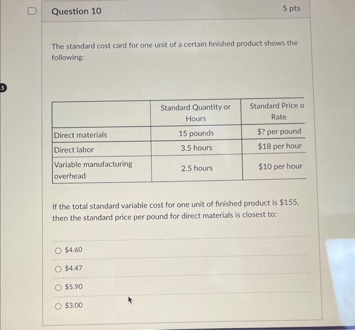 Solved The standard cost card for one unit of a certain