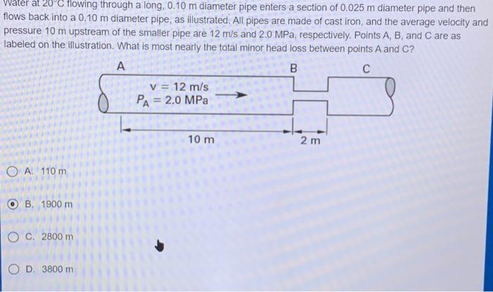 Solved Water at 20∘C flowing through a long, 0.10 m diameter | Chegg.com