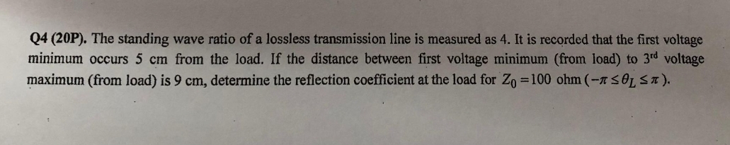 Solved Q4 (20P). ﻿The standing wave ratio of a lossless | Chegg.com
