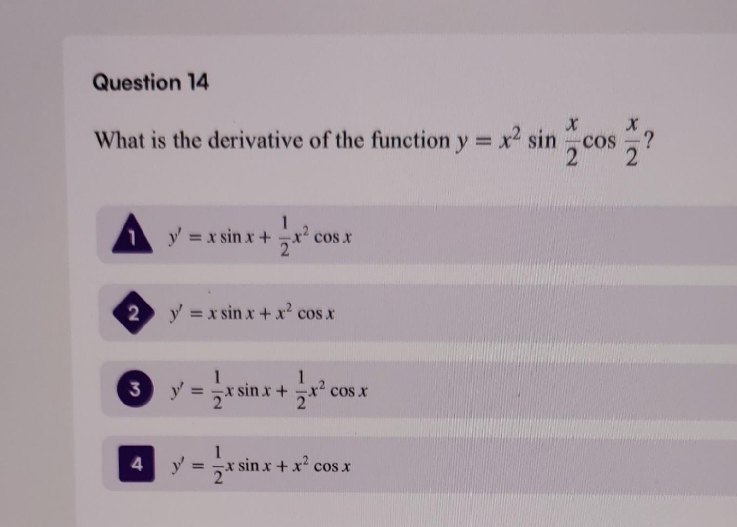 What is the derivative of the function \( y=x^{2} \sin \frac{x}{2} \cos \frac{x}{2} \) ? \[ y^{\prime}=x \sin x+\frac{1}{2} x