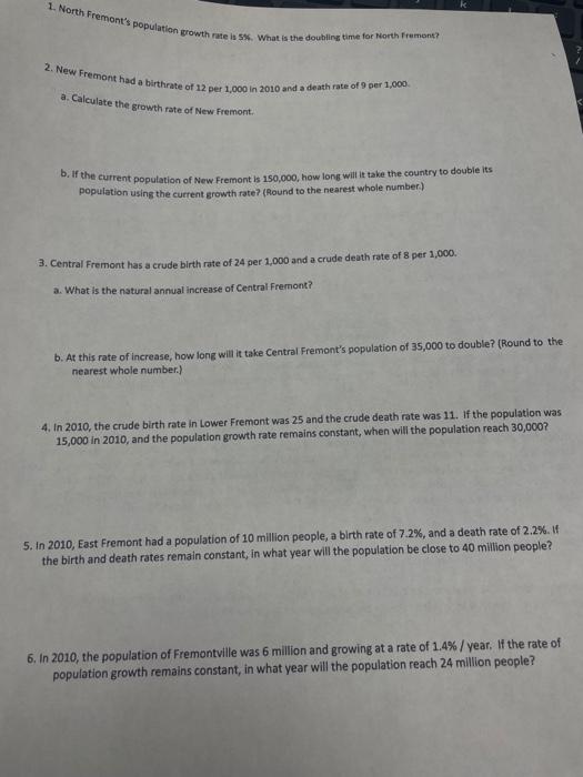 Solved 1. North Fremont's population growth rute is 55 .