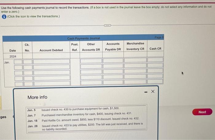 Solved Use the following cash payments journal to record the 