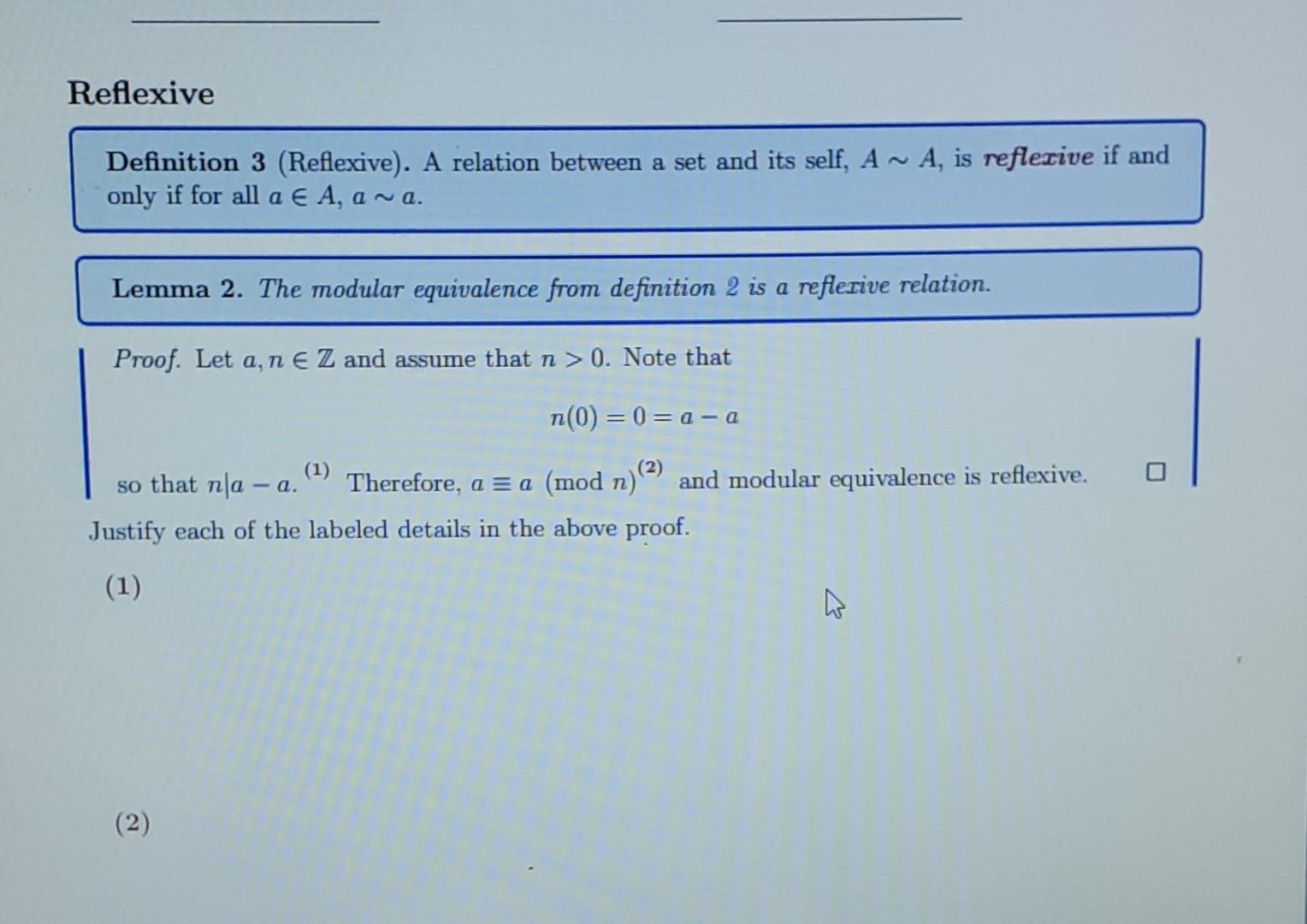 Solved Definition 3 (Reflexive). A relation between a set | Chegg.com