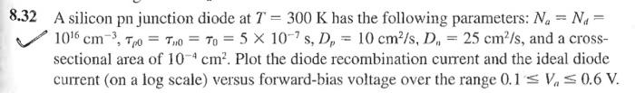 Solved 8.32 A silicon pn junction diode at T = 300 K has the | Chegg.com